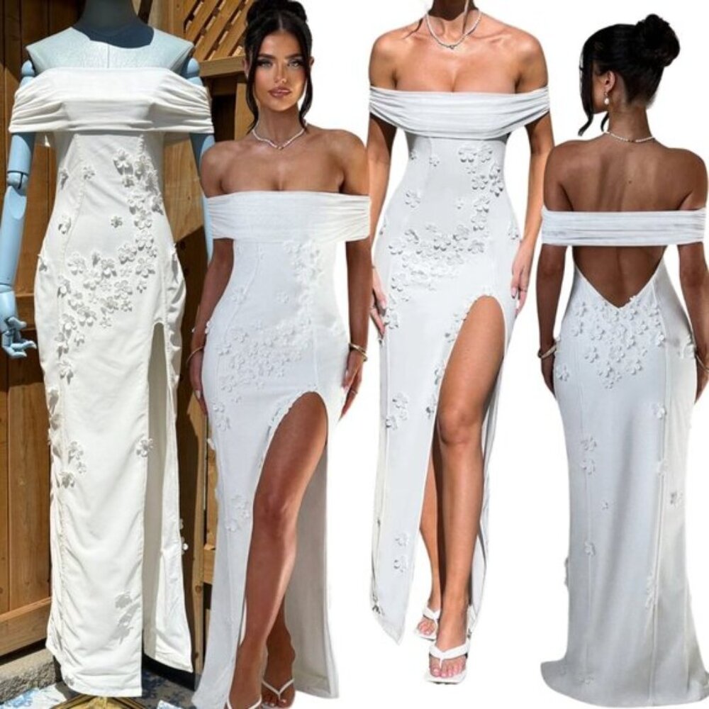 🆕 BABYBOO 🧿 NWOT Milani Maxi Dress - Ivory - 3D Flowers - Sz S